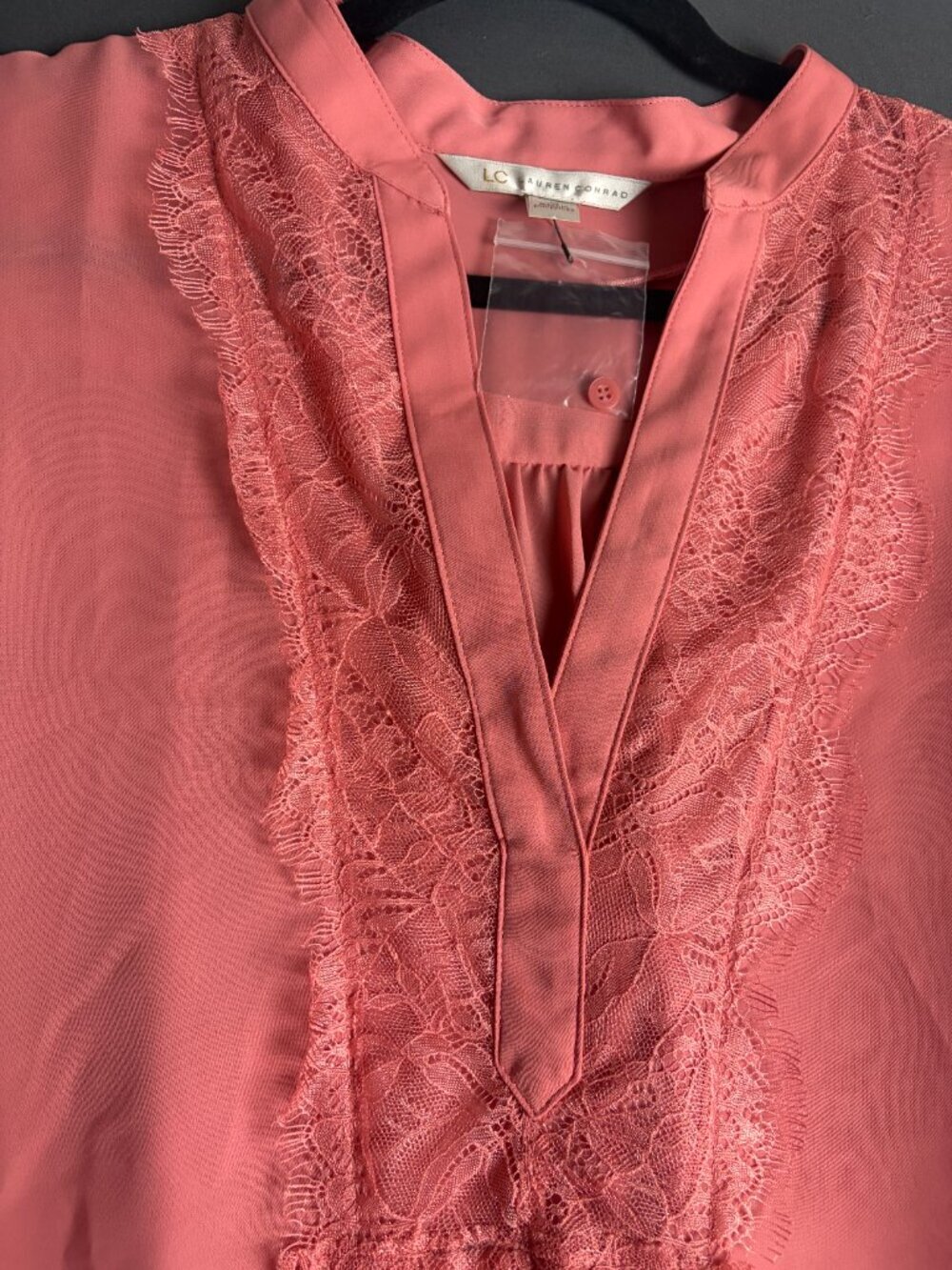 LC Lauren Conrad Size M Blouse Top Pink Lace Chiffon Semi Sheer V Neck Office - Picture 3 of 8